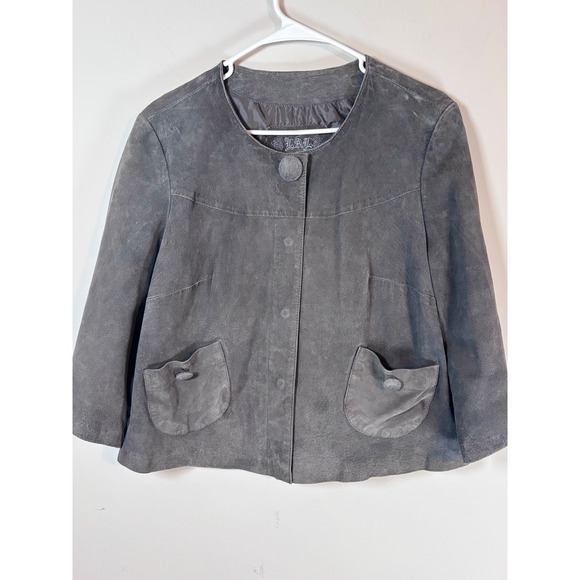 Lal Jackets & Blazers - LAL Gray Suede Leather Jacket Womens Large Cropped 3/4 Sleeve Snap Front 5106WS